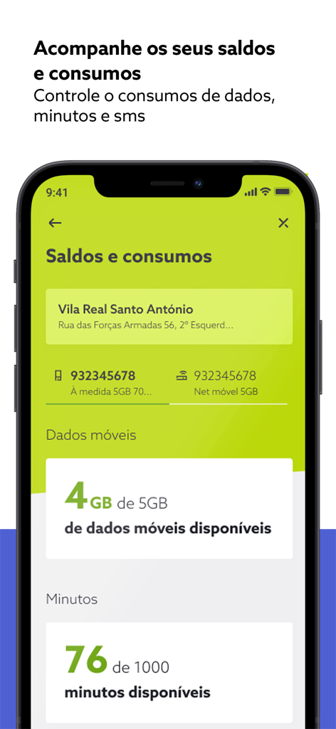 my NOS app dashboard showing mobile data and minutes consumption