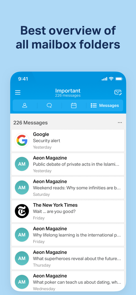 Chuck app interface showing an organized overview of important email messages from various senders