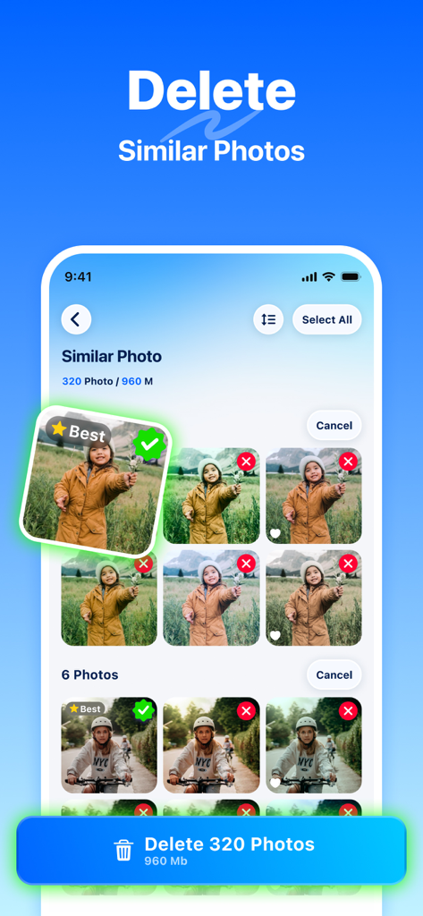 Interfaccia dell'app Privio che mostra lo strumento di pulizia intelligente delle foto che identifica e seleziona foto simili da eliminare per liberare spazio