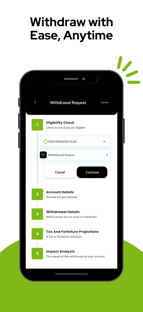 Axis Pension App - Mobile app screen showing a five-step withdrawal request process for a pension plan.