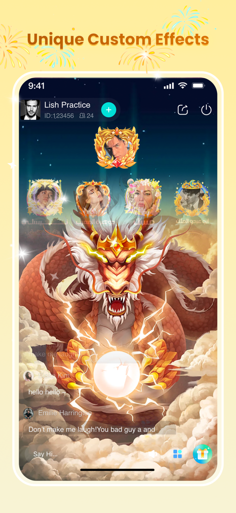 Wyak - Wyak voice chat room interface featuring a large red dragon custom effect and ornate golden profile frames.