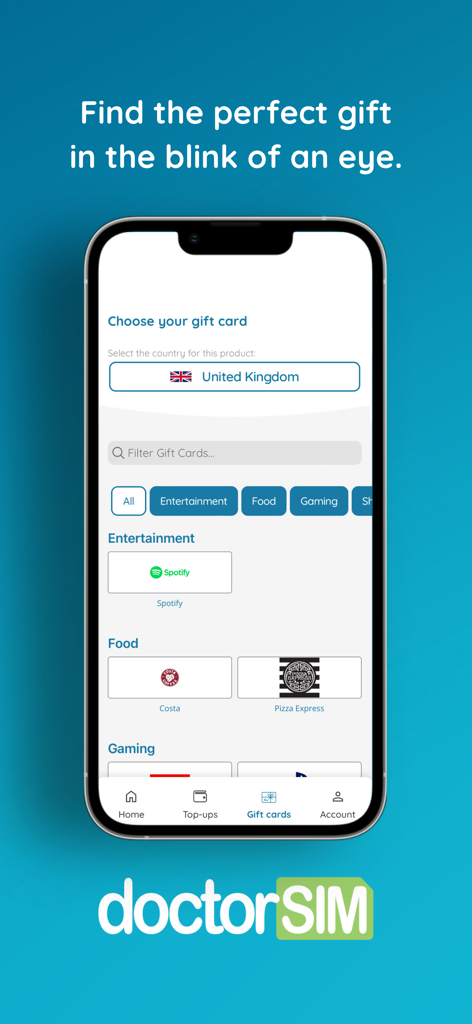 Pantalla móvil de la app doctorSIM mostrando tarjetas de regalo disponibles para el Reino Unido, incluyendo Spotify y Costa.