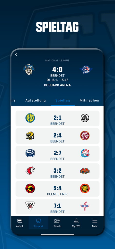 EVZ - EVZ app match day screen displaying ice hockey game results and scores
