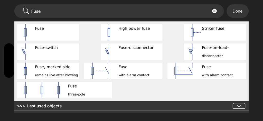 Circuit Planner - Search results in Circuit Planner app showing various IEC electrical fuse symbols and components
