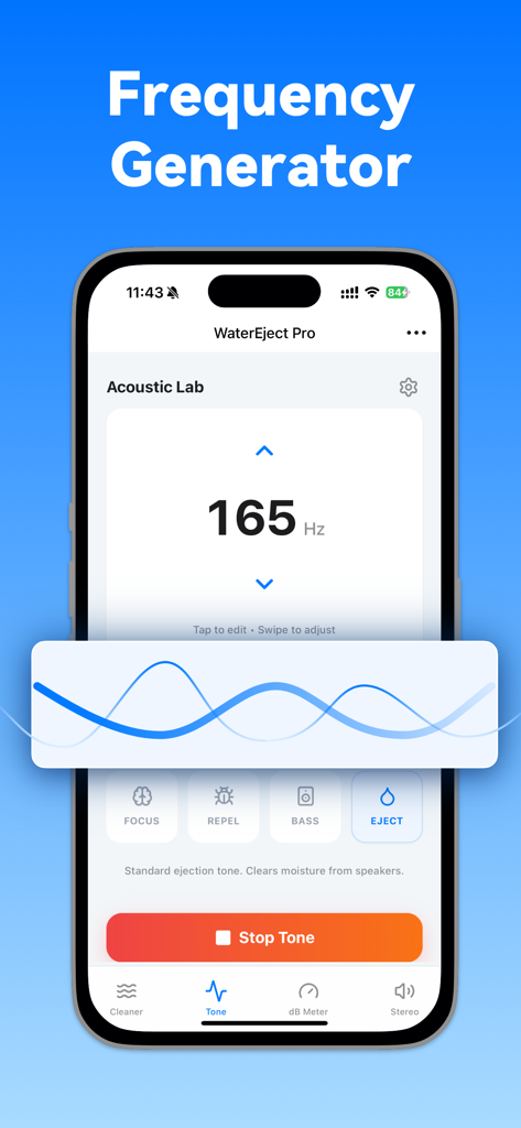Water Eject ‧ Speaker Cleaner - Interface of the Water Eject Pro app featuring a frequency generator set to 165Hz for speaker cleaning