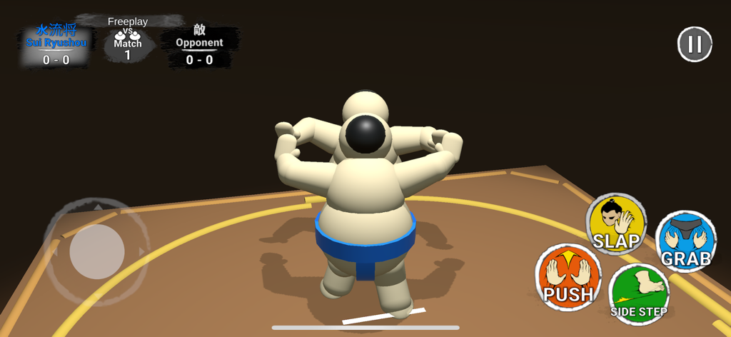 Sumo Wrestling Challenge - A sumo wrestler in a match with touch screen controls for slap and push actions