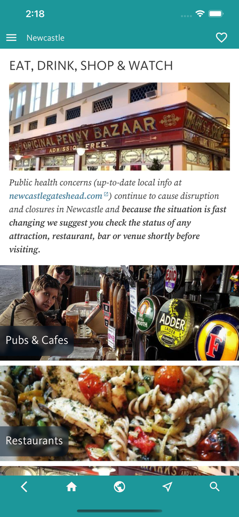 Bildschirm der Newcastle's Best App, der Empfehlungen für Restaurants, Pubs und Einkaufsmöglichkeiten anzeigt.