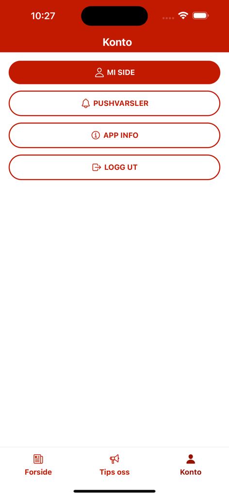 Pantalla de configuración de cuenta de la aplicación de noticias Ytre Sogn que muestra el perfil del usuario y las opciones de notificación