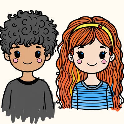 boy with curly hair girl with straight hair