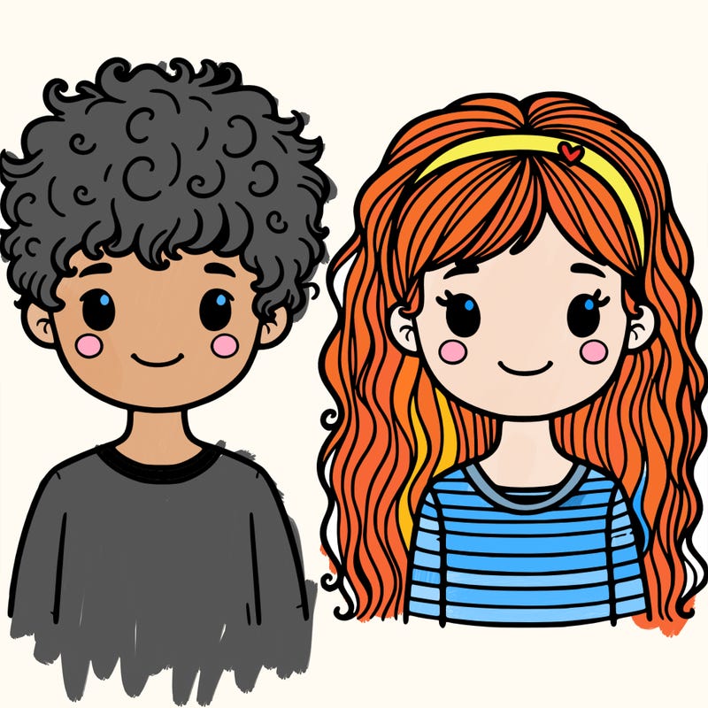 boy with curly hair girl with straight hair