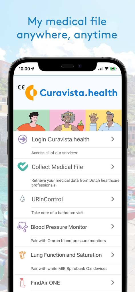 Gezondheidsmeter - The Gezondheidsmeter app main screen showing features for clinical health monitoring medical file retrieval and device pairing