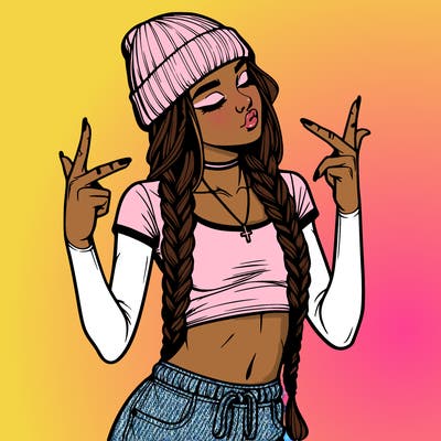 realistic teenage girl with braids and a beanie and crop top doing 🫶🏼