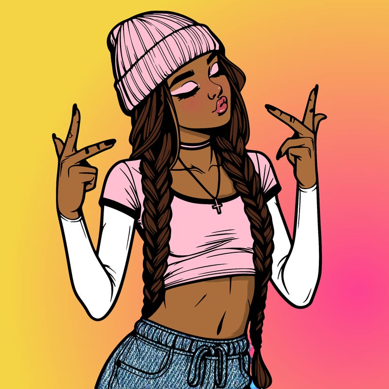 realistic teenage girl with braids and a beanie and crop top doing 🫶🏼