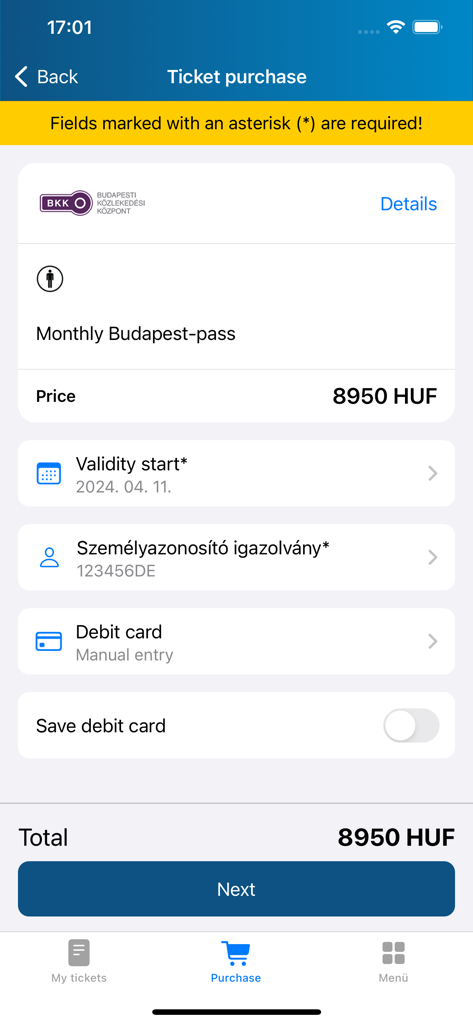 Mobile ticket purchase screen for a Monthly Budapest-pass in the Mobiljegy app
