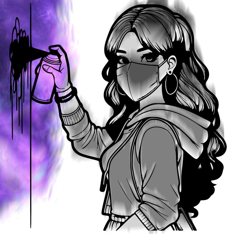 realistic girl with mask spray painting a wall