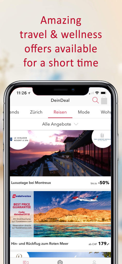 Ein Smartphone zeigt Luxus-Reise- und Wellness-Angebote mit Rabatten in der DeinDeal-Shopping-App.