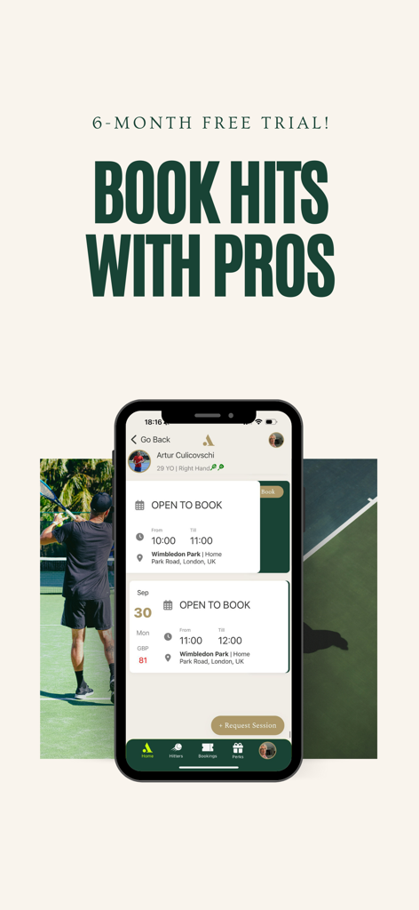 Mobile App des All Court Tennis Club mit Verfügbarkeit und Buchungsoptionen für professionelle Trainingspartner