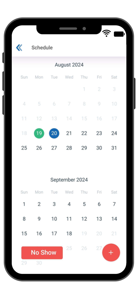 Routematic app schedule screen displaying monthly calendars for commute roster management