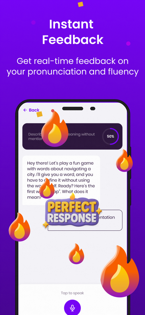 Leya AI: Learn English Fast - Leya AI app screen displaying instant feedback on English pronunciation and fluency