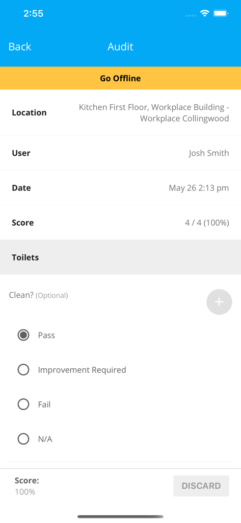 Audit screen of the Lighthouse.io app for facility maintenance tracking