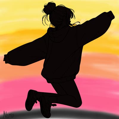 realistic girl jumping with a bun and oversized sweatshirt