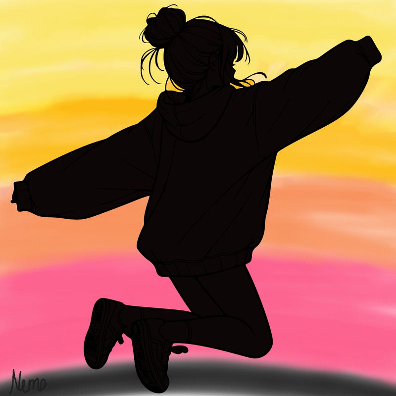 realistic girl jumping with a bun and oversized sweatshirt