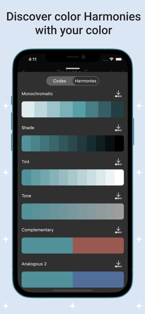 Monochromatic、Shade、Tint、Tone、Complementaryなどのさまざまなカラー スキームを表示する「Discover color Harmonies」というタイトルのモバイルアプリ画面。