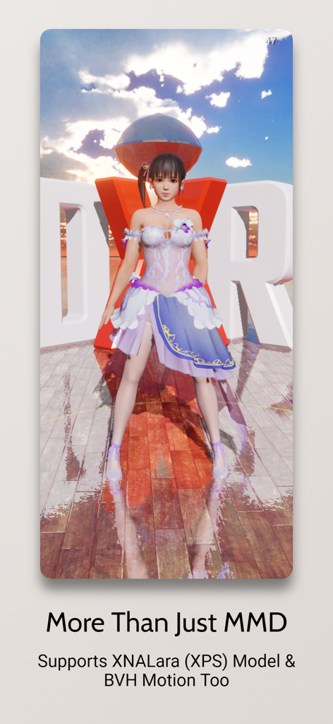 Modelo de personaje 3D en la aplicación DanceXR con soporte para múltiples formatos de animación