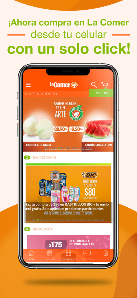 Pantalla de smartphone que muestra la interfaz de la app de comestibles La Comer con texto en español y listados de productos
