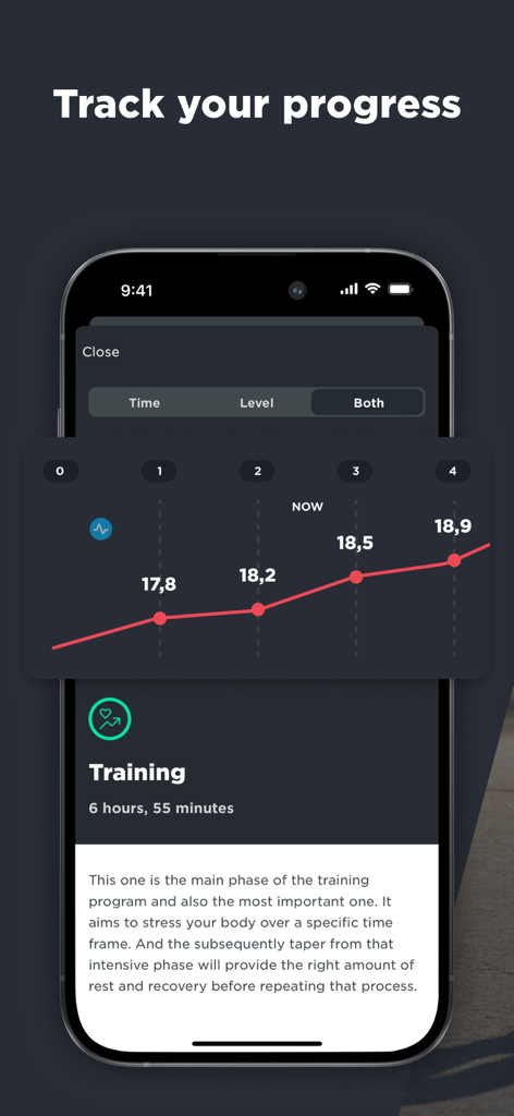 A screenshot of the JOIN Cycling Coach app showing a progress tracking screen with a graph illustrating increasing performance levels