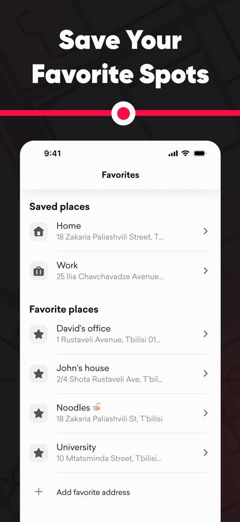 Rashi - Georgian rides - ラシ・ジョージア・ライド・アプリで保存されたお気に入りの住所を表示する画面