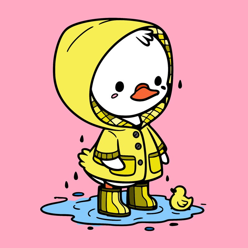baby duck in a rain coat and boots, in a puddle while it’s raining