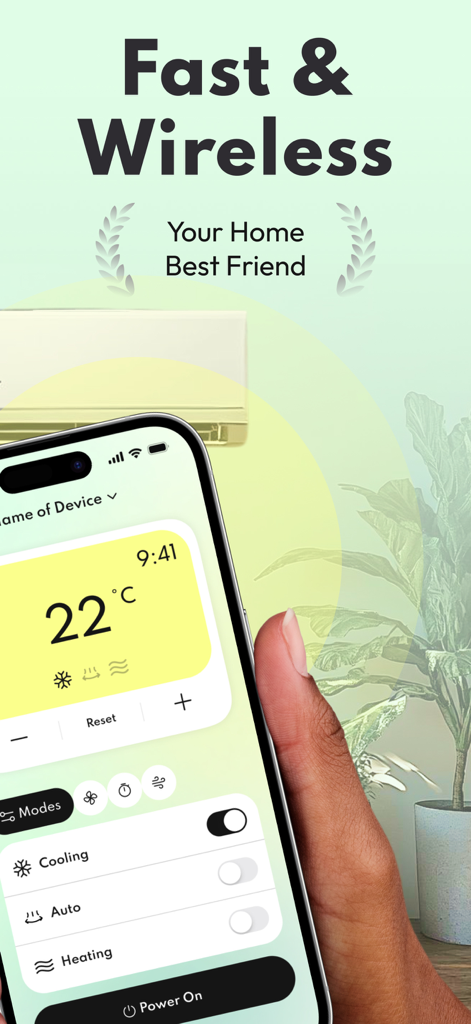 Air Conditioner: AC Controller - Interfaz de la aplicación Air Conditioner AC Controller en un smartphone mostrando la temperatura y los ajustes de enfriamiento