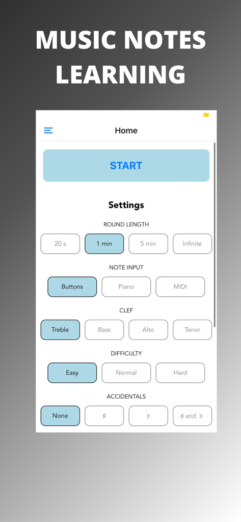 Music Notes Learning App - The settings interface of the Music Notes Learning App for choosing clef and difficulty levels