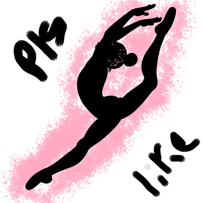 gymnast doing a leap in a leotard with a bent back leg