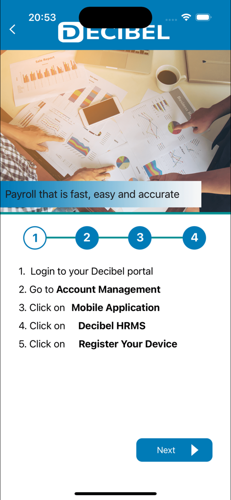 Decibel HRMS onboarding screen with instructions for mobile device registration