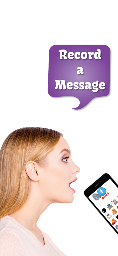 Cat Translate: talk to Kitten - A woman recording a voice message on a smartphone to translate into cat sounds using the app.