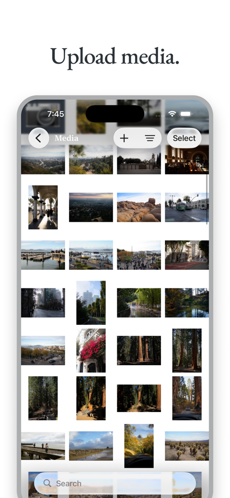 WordPress – Website Builder - Interface do aplicativo WordPress mostrando uma grade de fotos na biblioteca de mídias para fácil upload.