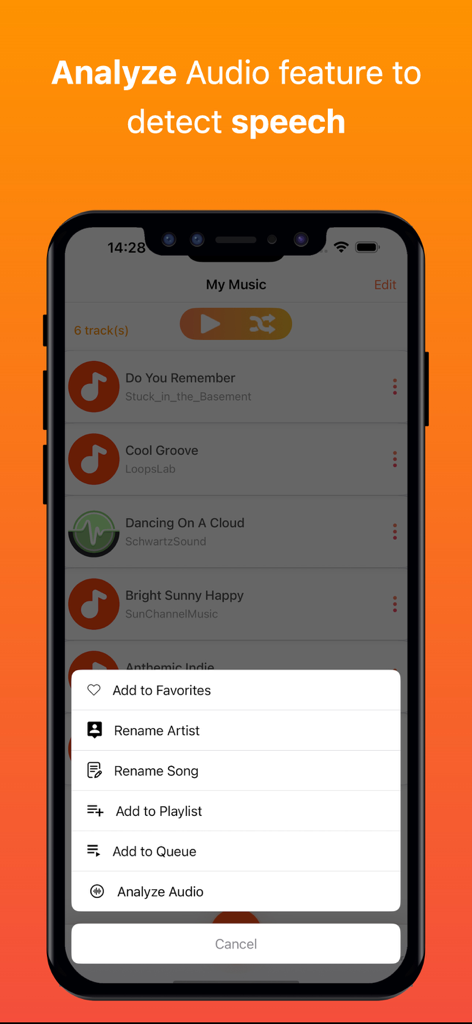Mudify Archive app interface displaying a music library and a menu with an Analyze Audio feature to detect speech.
