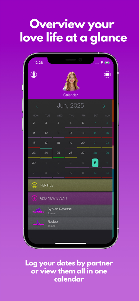 Mobile app screen showing a calendar for tracking sexual activity and partners in 101 Positions KamaSutra Prime
