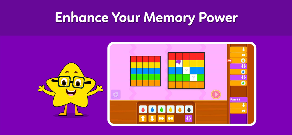Interfaz de la aplicación Codificación para Niños que muestra un ejercicio de potencia de memoria con niveles de programación basados en bloques