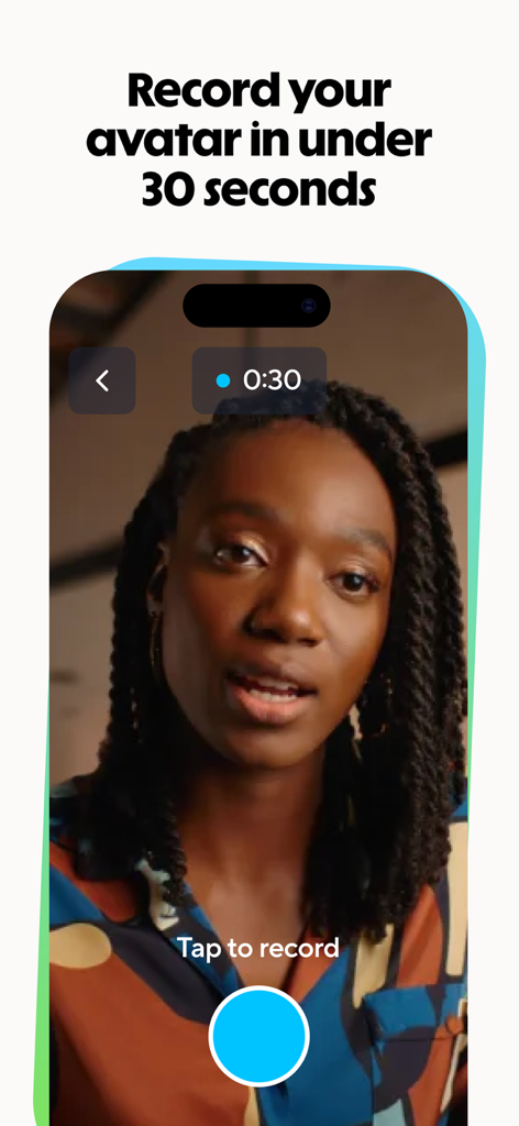 HeyGen: AI Video Generator - Interfaccia dell'app mobile che mostra una donna che registra se stessa per creare un avatar digital twin AI in meno di 30 secondi