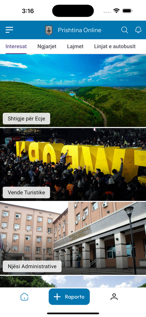 Página de inicio de la app PrishtinaOnline mostrando categorías para rutas de senderismo, monumentos turísticos y servicios administrativos.