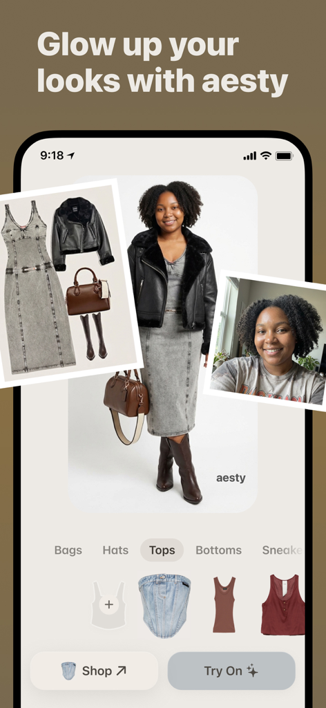 Aesty: AI Outfit Maker - A woman using the Aesty app to virtually try on a curated outfit including a leather jacket and denim dress