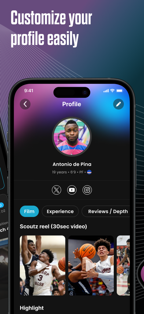 Scoutz App - Basketball player profile on Scoutz App showing highlights and statistics