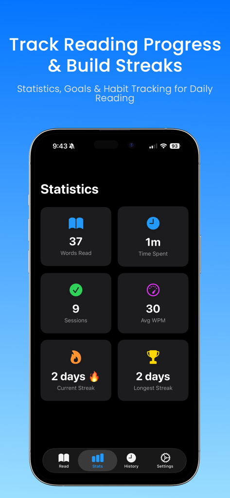 Scholarly - Smart Reading AI - Scholarly app statistics dashboard showing reading progress metrics and daily streaks