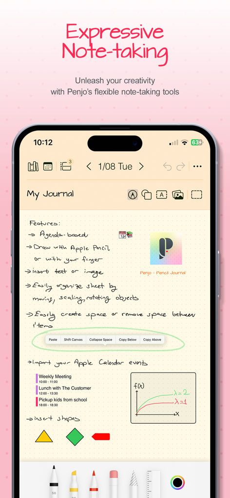 A smartphone screen displaying a handwritten digital journal entry with creative note-taking tools and integrated calendar events.