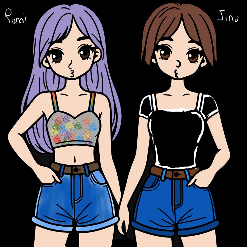 two sisters with crop tops and jean shorts and straight hair