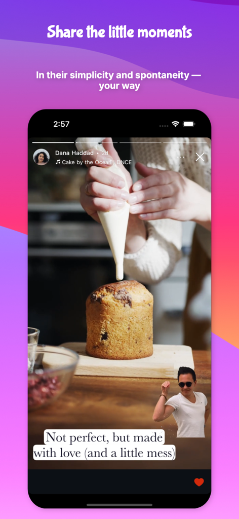 A screenshot of the UpScrolled app showing a user story about baking with an authentic caption.
