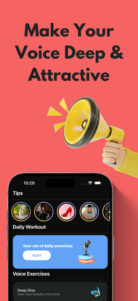 Deep Voice: Pitch Coach - Deep Voice Pitch Coach app home screen featuring daily vocal workouts and tips for a deeper voice.